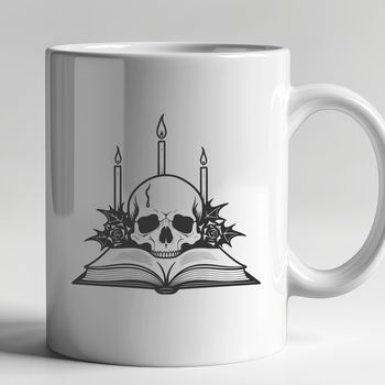 A detailed, illustrated skull with a rose and candle nearby, set against a dark background.