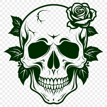 A stylized illustration of a Gothic-style skull adorned with roses, suitable for Halloween decorations or designs.