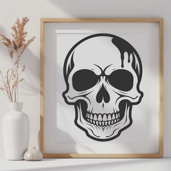 A detailed, ornate skull illustration in a Gothic style.
