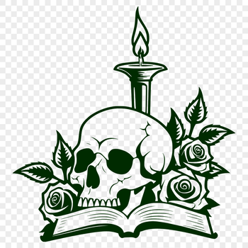 A stylized gothic skull surrounded by a candle flame, set against a dark background.