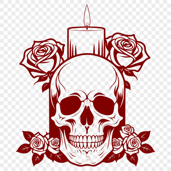 A stylized, hand-drawn illustration of a Gothic skull surrounded by floral elements.