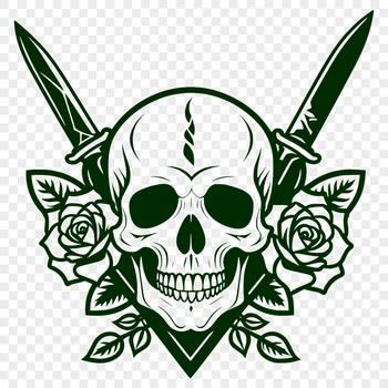 A stylized Gothic-style skull with ornate details and a dagger integrated into its design.