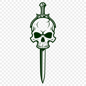 A stylized illustration of a skull with a pointed chin and dramatic details, suitable for various designs and projects.