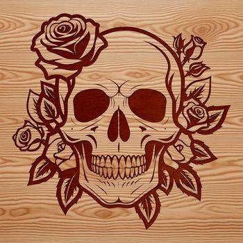 A detailed illustration of a Gothic-style skull surrounded by intricate floral elements.