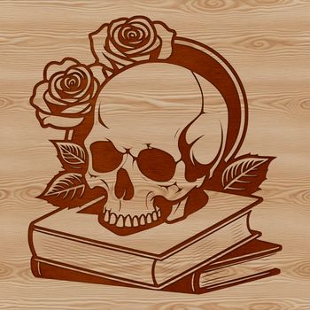 A stylized illustration of a Gothic skull surrounded by ornate details and symbols.