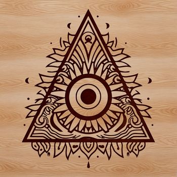 Vector design featuring a gothic witchcraft illustration with an eye of providence symbol.