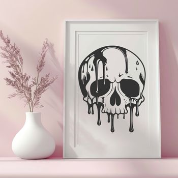 A detailed vector illustration of a dripping skull with gothic elements.