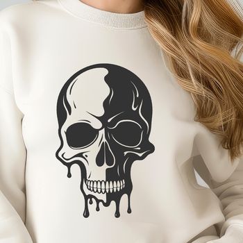 A decorative gothic skull design with drips and splatters, suitable for Halloween-themed crafts.