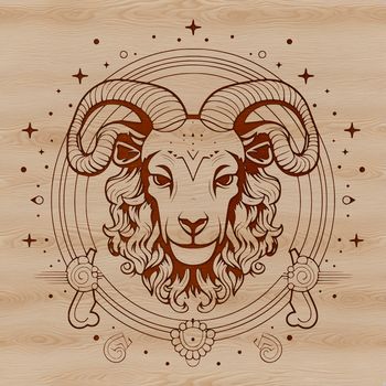 Illustrative zodiac symbol and gothic elements in an ornate design related to witchcraft.