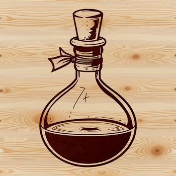 A mystical illustration featuring a witch's potion bottle and various magical elements in a gothic style.