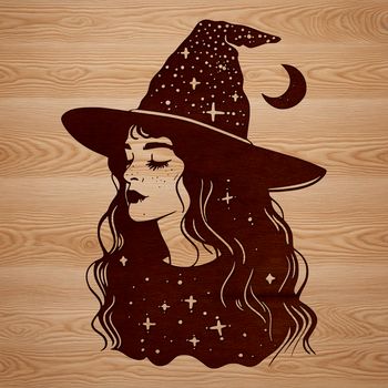 A detailed illustration of a witch's head adorned with magical symbols and elements.