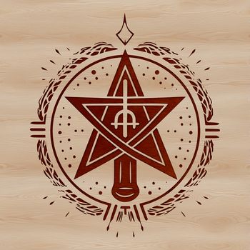 A detailed, gothic-inspired design featuring a witch surrounded by mystical symbols, including a prominent pentagram.