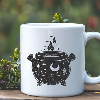 A stylized illustration of a cauldron with mystical symbols, surrounded by elements of darkness and magic.