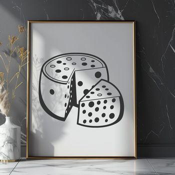 A simple illustration of a wedge-shaped piece of cheese with details resembling various textures.