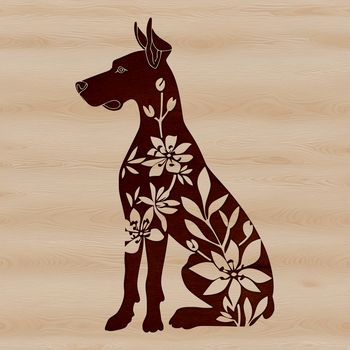 A large breed dog sitting in a floral setting.