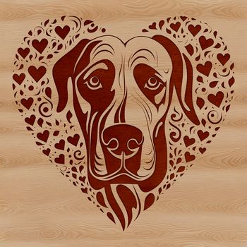 A large breed dog with a gentle expression and heart symbols surrounding its head.