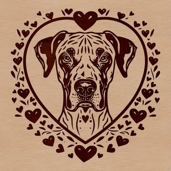 Large breed dog with ornate decorations featuring love hearts on its head.