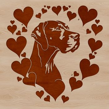 Vector illustration of a large Great Dane dog with love hearts surrounding its head.