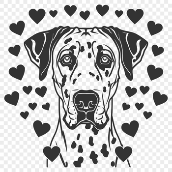 A digital illustration of a Great Dane's head, designed as clip art with love hearts surrounding it.