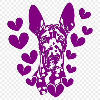 Large breed dog illustration featuring a Great Dane's head with ornate love hearts surrounding it.