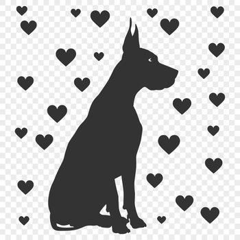 A large breed dog sitting on its haunches with loving hearts surrounding its body.