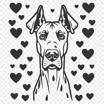 A portrait of a Great Dane dog with hearts surrounding its head, suitable for vector design.