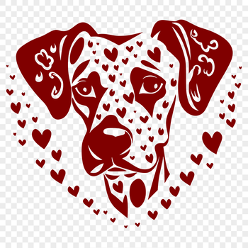 A vector illustration of a Great Dane's head with love hearts surrounding it.