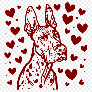 Illustrative vector artwork of a Great Dane's head with love hearts surrounding it.