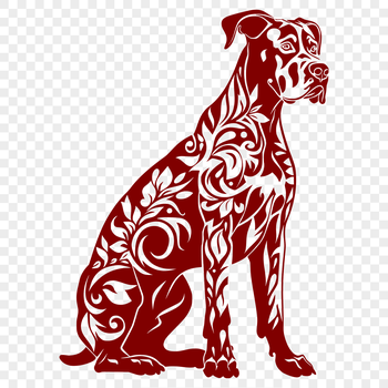 A large breed dog with a distinctive head shape and floppy ears sits on the ground in full-body pose.