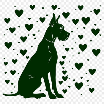 A large breed dog sitting on its haunches with heart symbols around it.