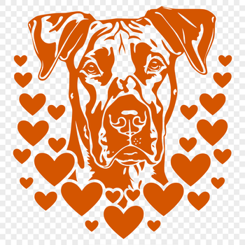 A cartoon-style illustration of a Great Dane's head with love hearts surrounding it.