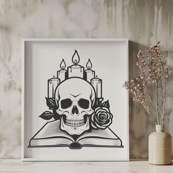 A medieval-style skull with a rose tucked behind its ear, surrounded by shadows.