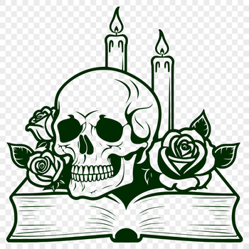 A stylized illustration of a Gothic-inspired skull surrounded by subtle details and ornate designs.