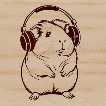 A cute, domesticated rodent sitting on a pair of headphones, suitable for clip art or vector design projects.