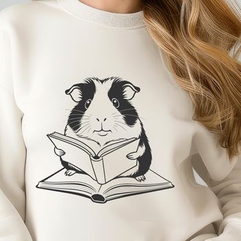 A cute guinea pig sitting on a book, surrounded by library elements.