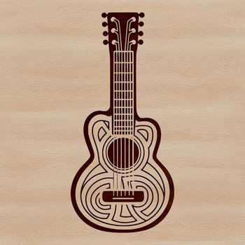 A detailed, ornate illustration of a musical instrument with strings.