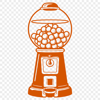 A 2D illustration of a classic gumball machine with colorful details and a transparent background.