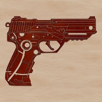 A detailed illustration of a pistol with various parts labeled, suitable for educational or design purposes.
