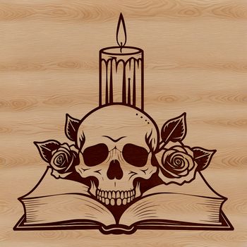 A gothic skull design featuring a candle-lit interior with a book and rose placed beside it.