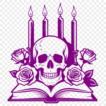 A stylized illustration of a Gothic skull with a candle at its base and a rose in its mouth.