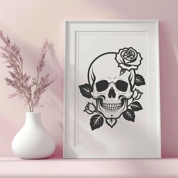 A detailed illustration of a Gothic-style skull surrounded by intricate designs.