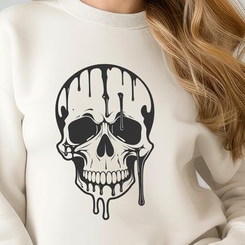 A detailed illustration of a dripping skull with a dark and gothic aesthetic.