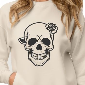 A stylized skull design with a rose in the background, suitable for vector art and cutting machine projects.