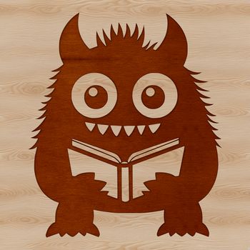 A small, friendly monster sitting on the floor reading a book with a curious expression.