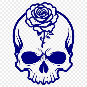A stylized gothic skull surrounded by roses and foliage.