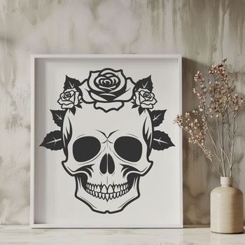 A Gothic-style skull design featuring a rose motif in a vector format, suitable for various digital applications.