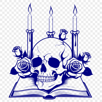 A detailed illustration of a skull adorned with a rose and candle, suitable for Halloween decorations or designs.