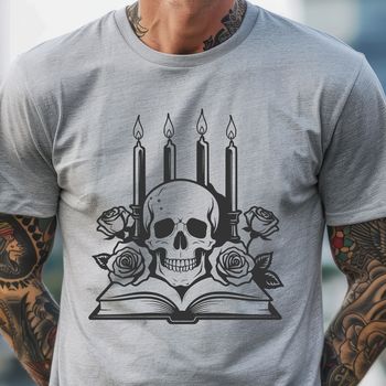 A stylized illustration of a Gothic skull surrounded by ornate details.