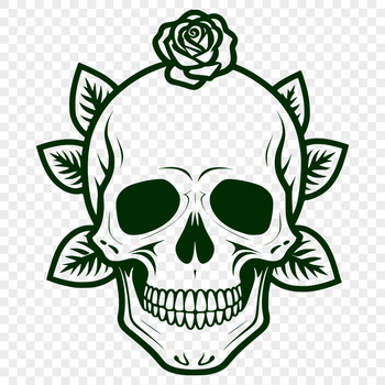 A detailed illustration of a Gothic-inspired skull adorned with floral motifs.