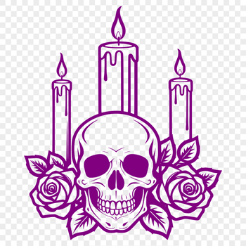 A detailed illustration of a skull with intricate details and decorations, set against a dark background.
